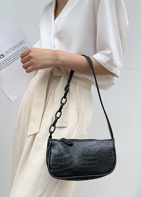 Женская маленькая сумочка багет на пластиковой цепочке ремешке рептилия багет черная NoName (251204072)