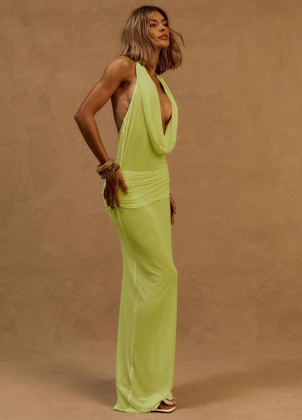 Світло-жовтий вечірня сукня годе, з відкритою спиною SHEIN однотонна