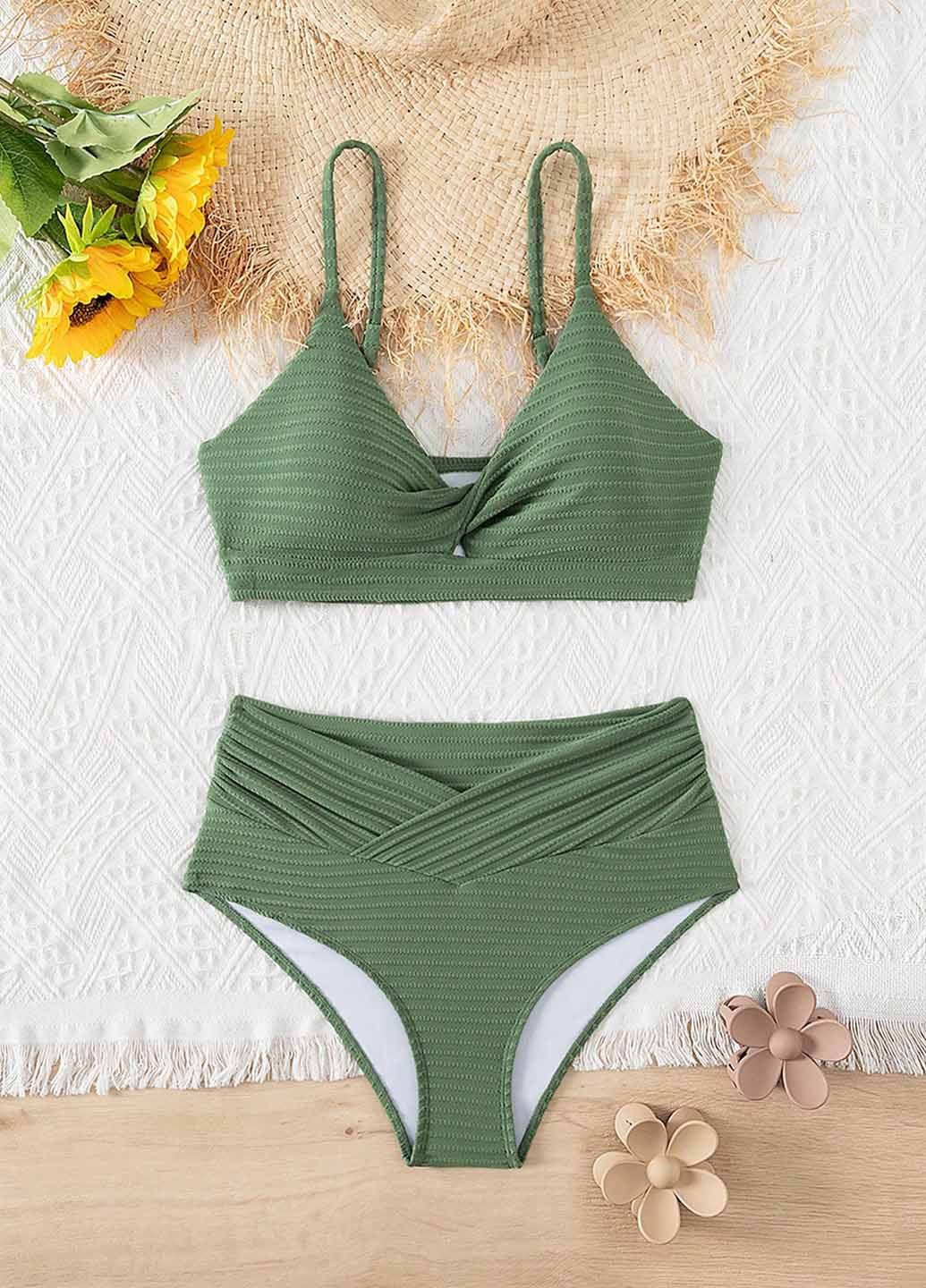 Зеленый летний купальник (лиф, трусики) топ, раздельный SHEIN
