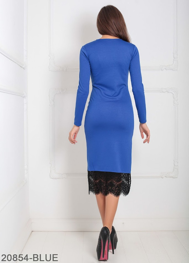 Синее кэжуал элегантное приталенное платье с вырезом на ноге и кружевной кромкой на юбке imilar Podium однотонное