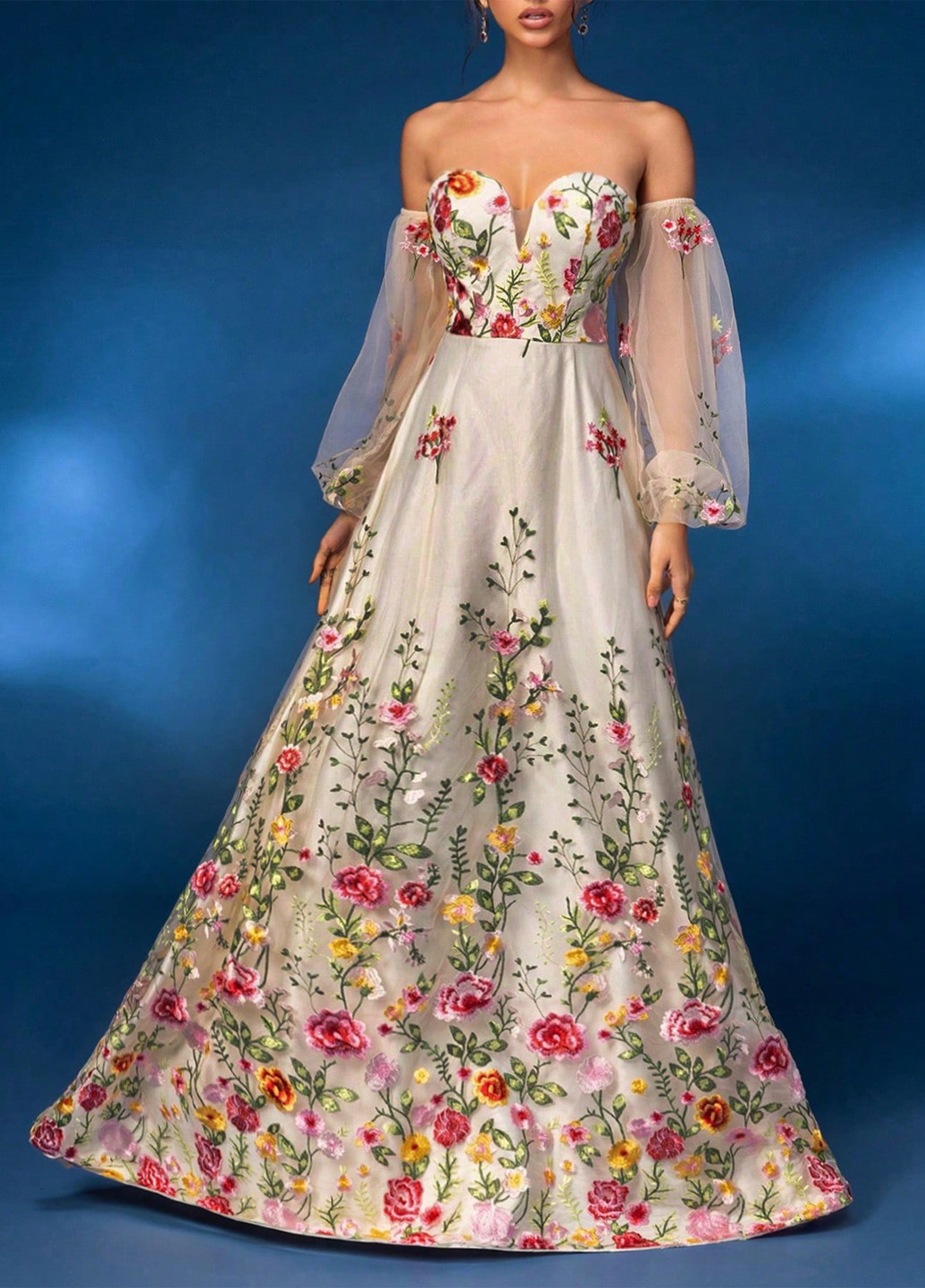 Світло-сіра вечірня сукня з спідницею-сонце, з відкритими плечима, з відкритою спиною SHEIN з квітковим принтом