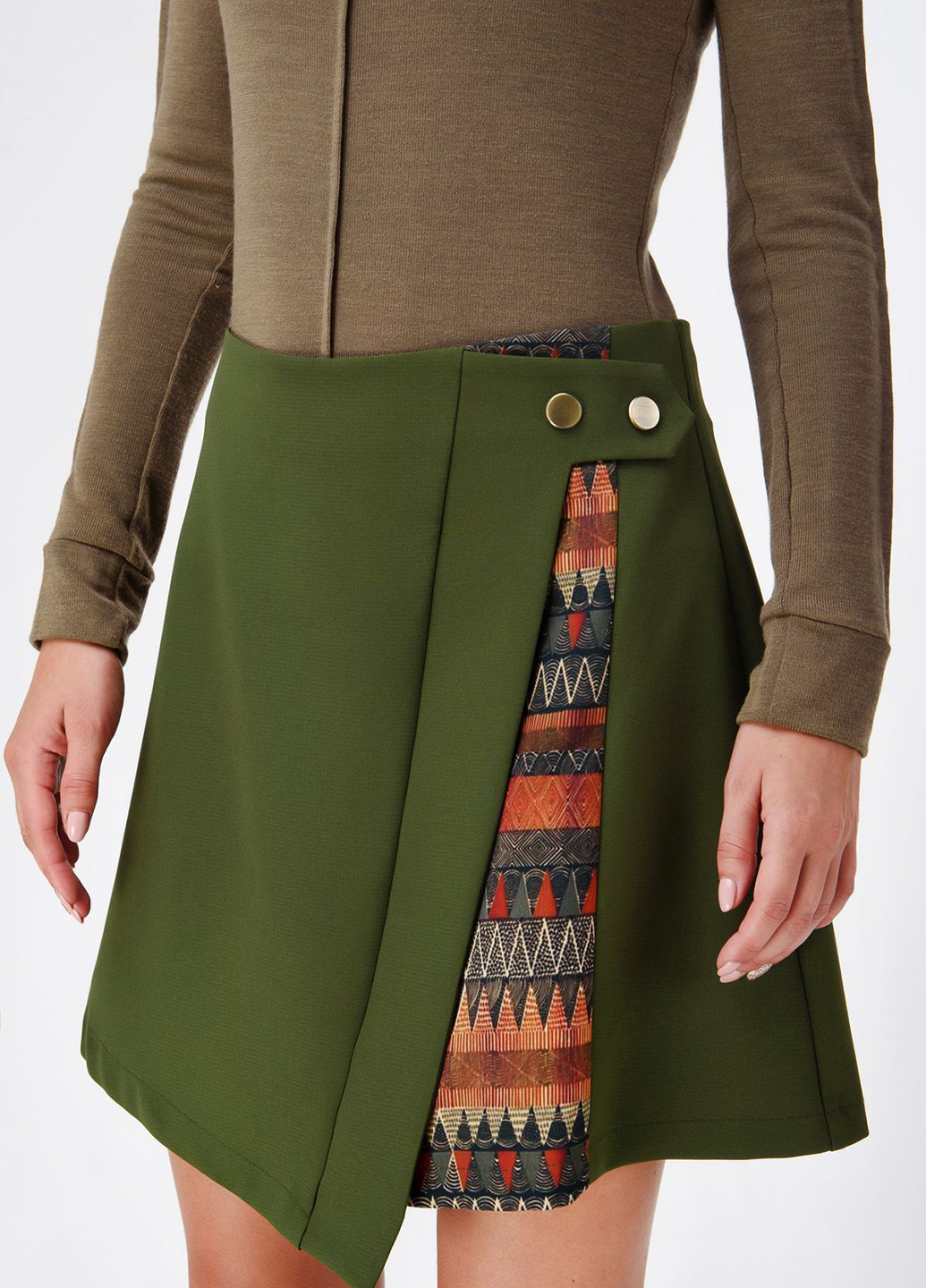 Оливковая (хаки) кэжуал с орнаментом юбка RicaMare мини