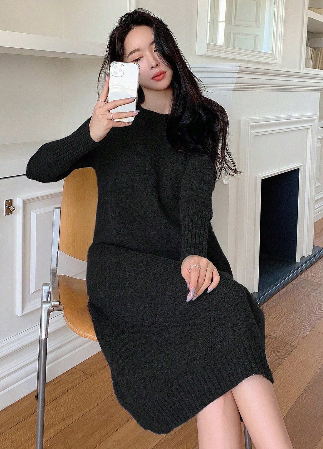 Черное кэжуал платье платье-свитер SHEIN однотонное
