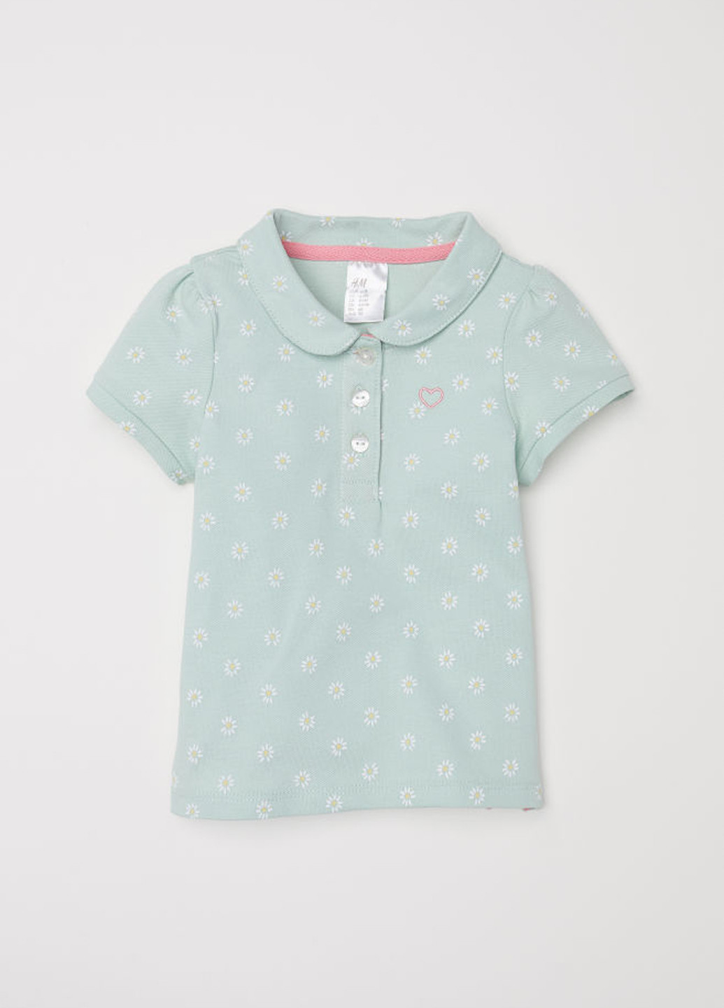 Мятная детская футболка-поло для девочки H&M с цветочным принтом