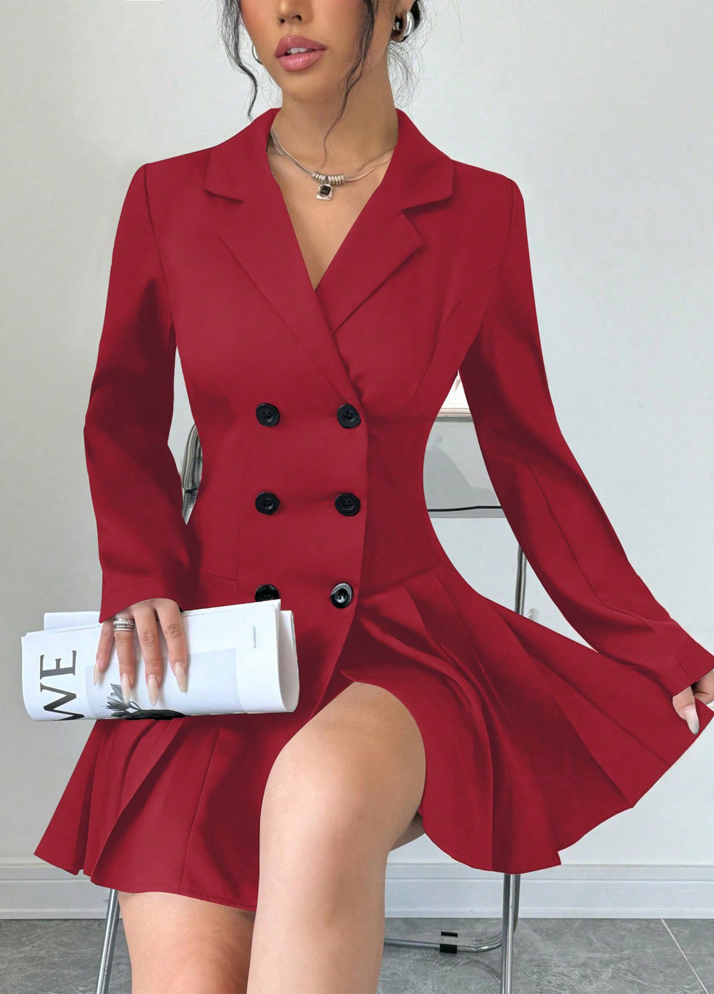 Красное кэжуал платье платье-жакет, клеш SHEIN однотонное