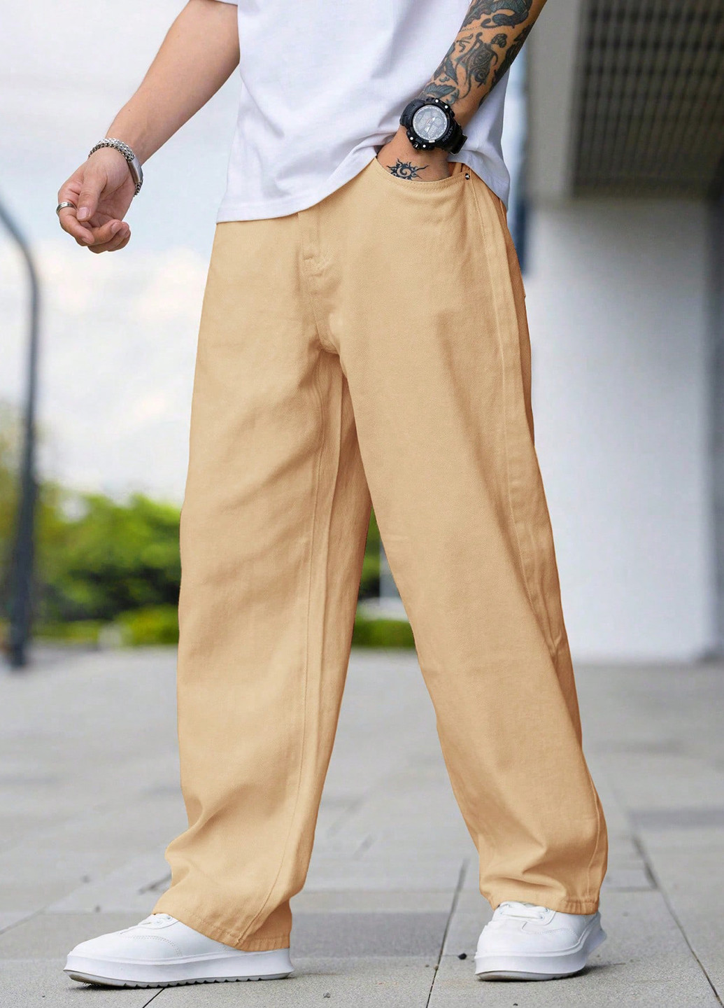 Песочные демисезонные мешковатые джинсы SHEIN