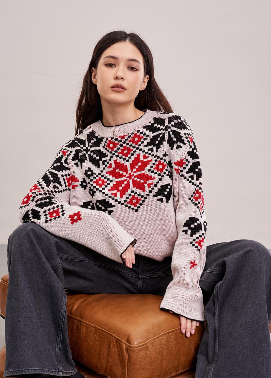 Бежевый демисезонный джемпер "соломийка" (красный орнамент) one size MEREZHKA