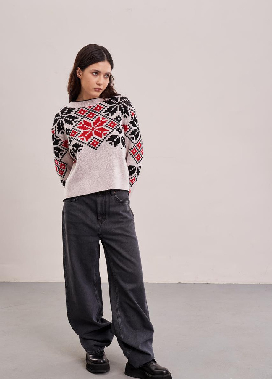 Бежевый демисезонный джемпер "соломийка" (красный орнамент) one size MEREZHKA