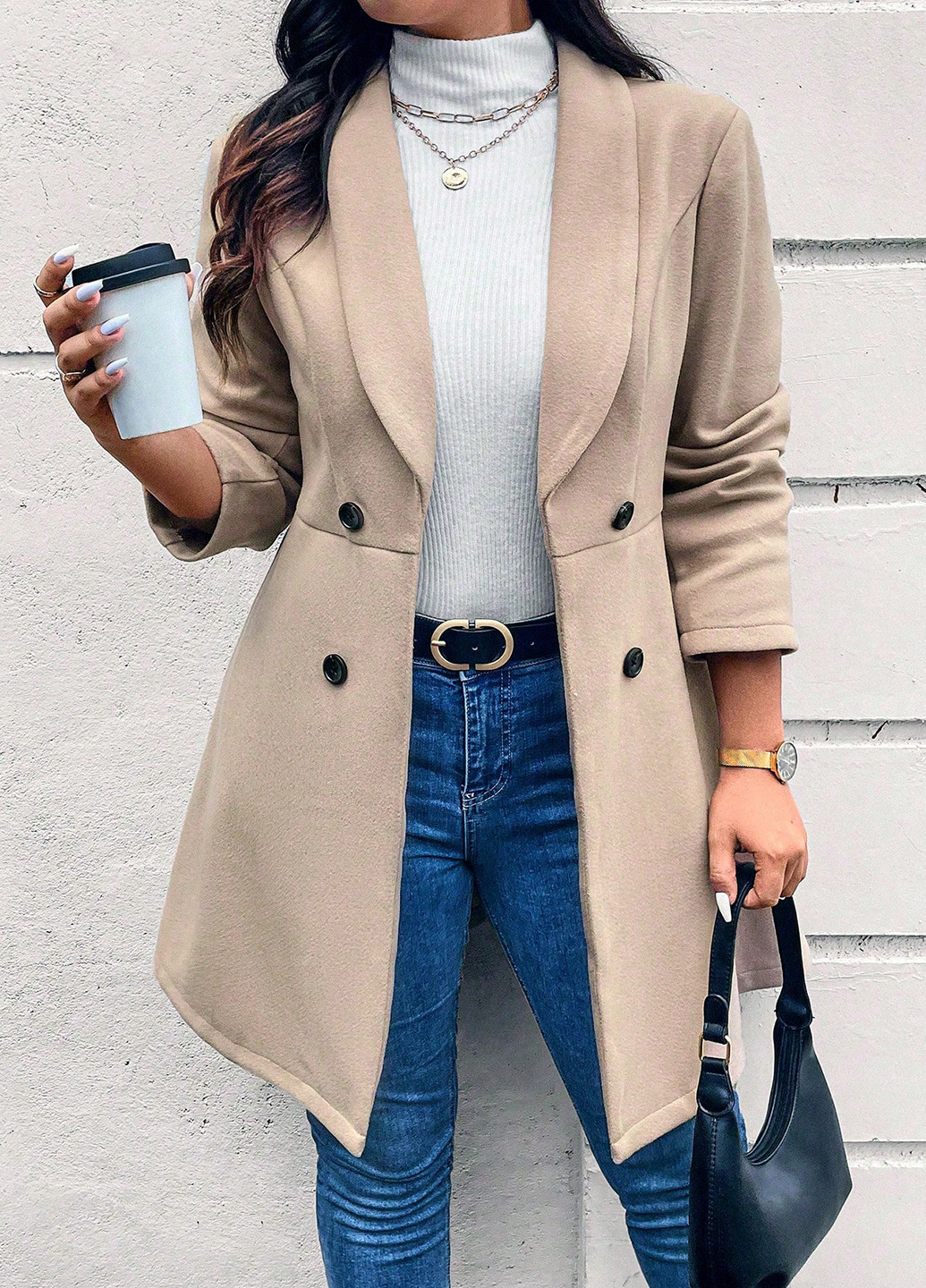 Бежеве демісезонне Пальто двобортне SHEIN