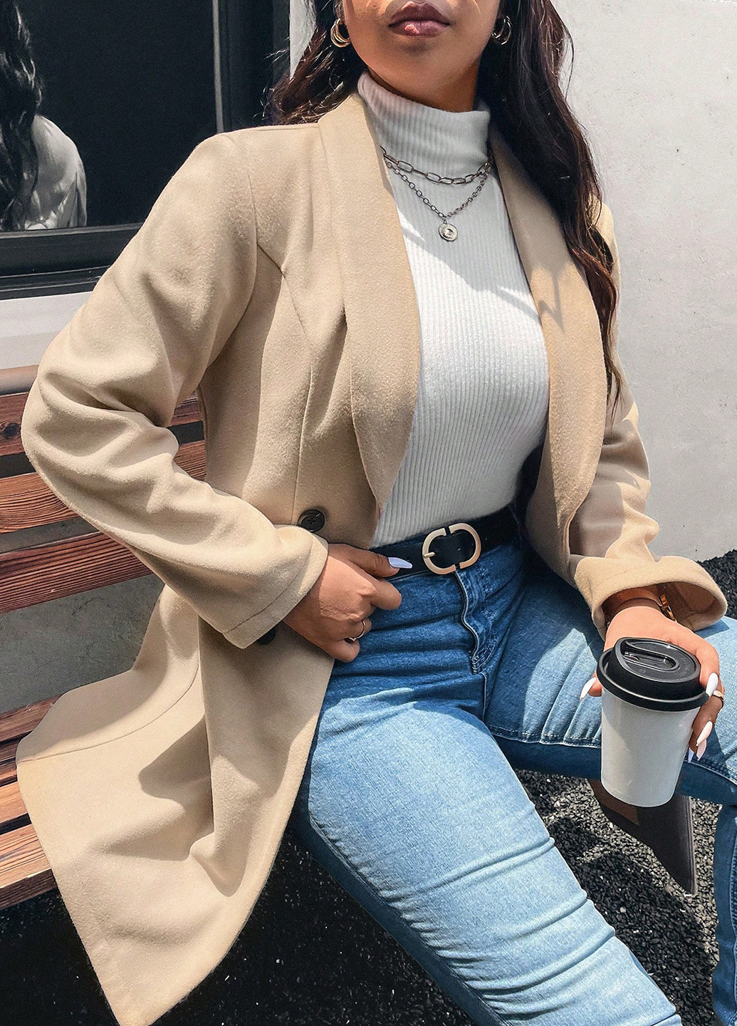 Бежеве демісезонне Пальто двобортне SHEIN