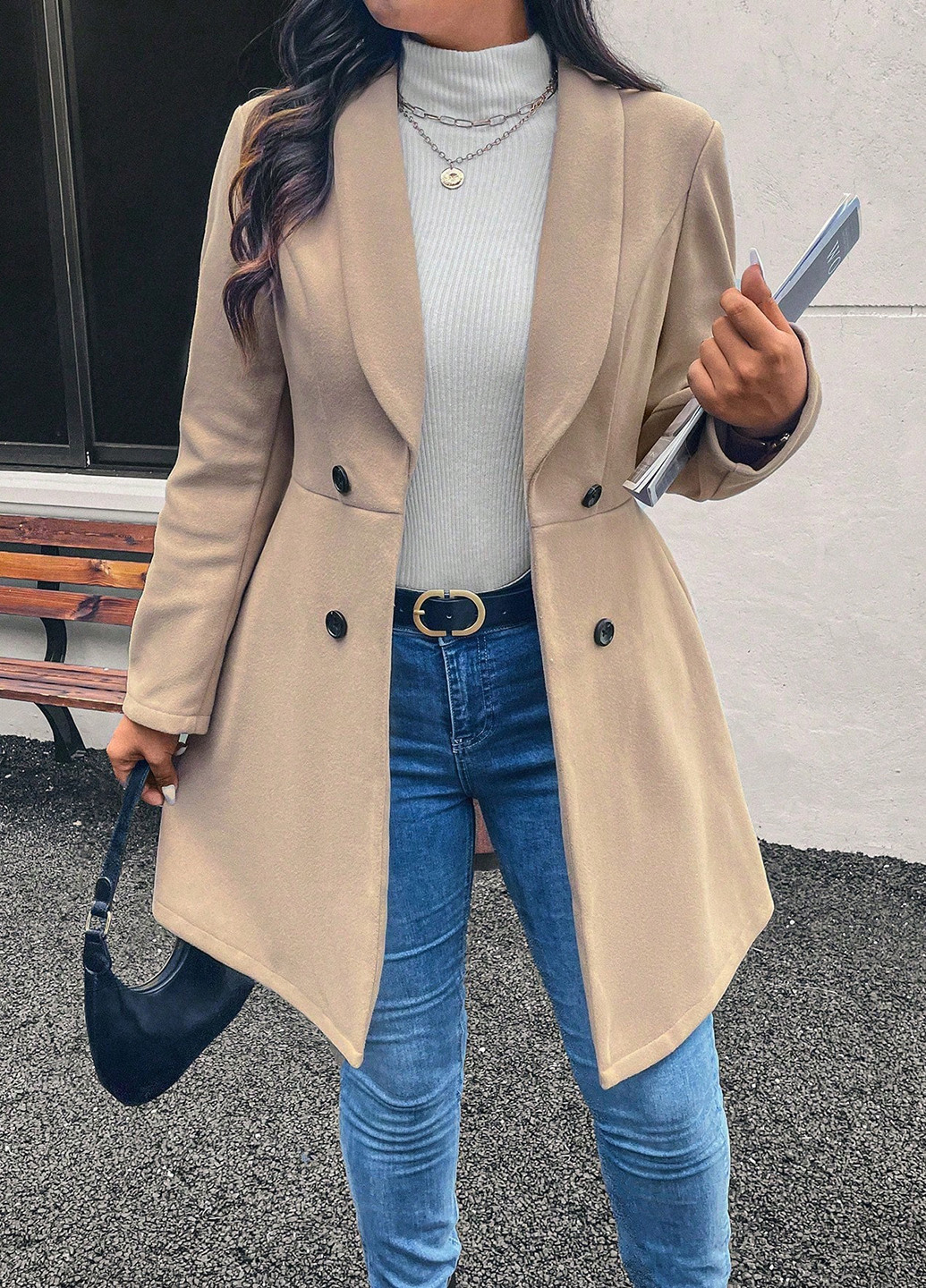 Бежеве демісезонне Пальто двобортне SHEIN