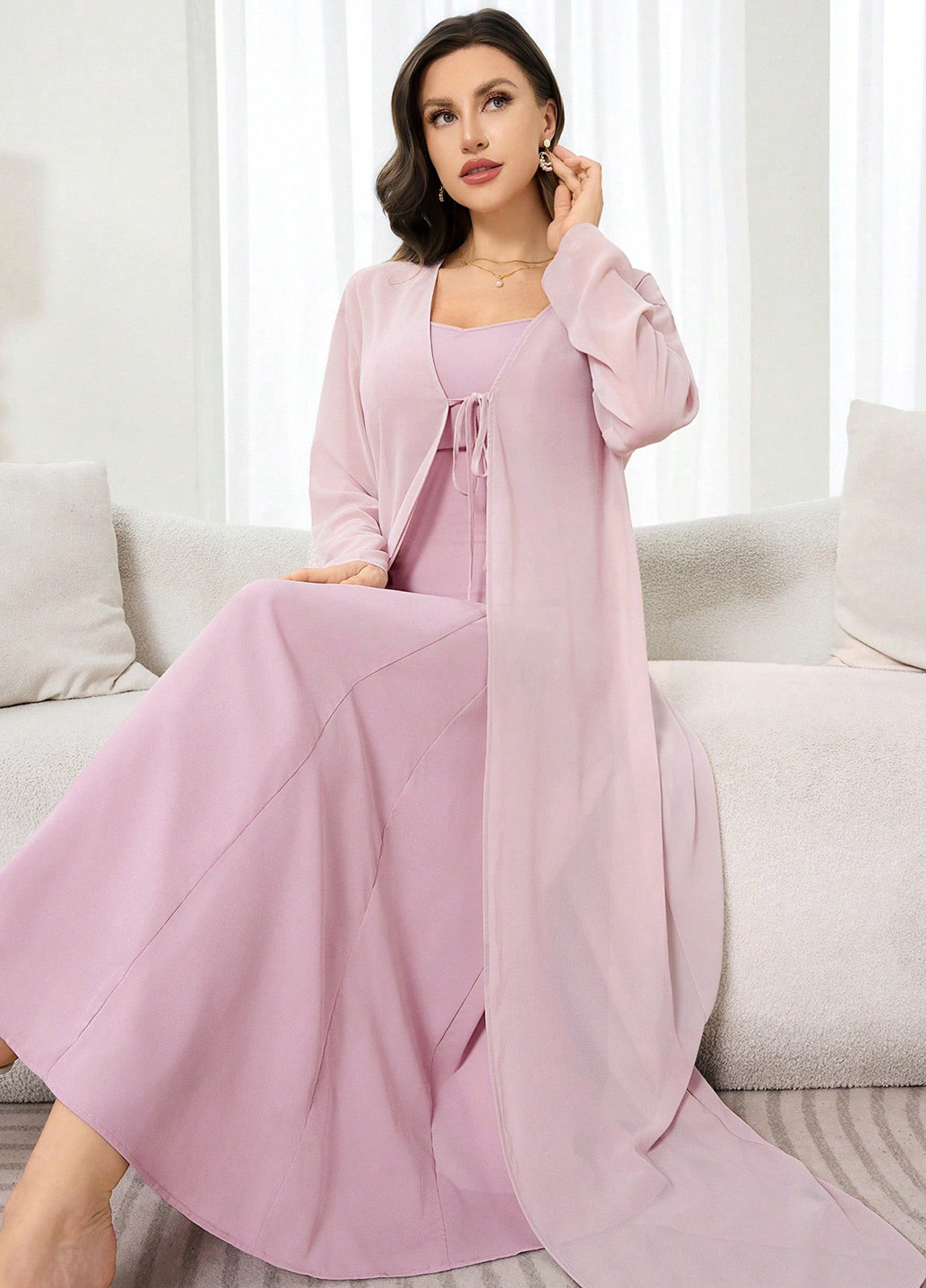 Блідо-рожевий демісезонний комплект (сукня, накидка) SHEIN