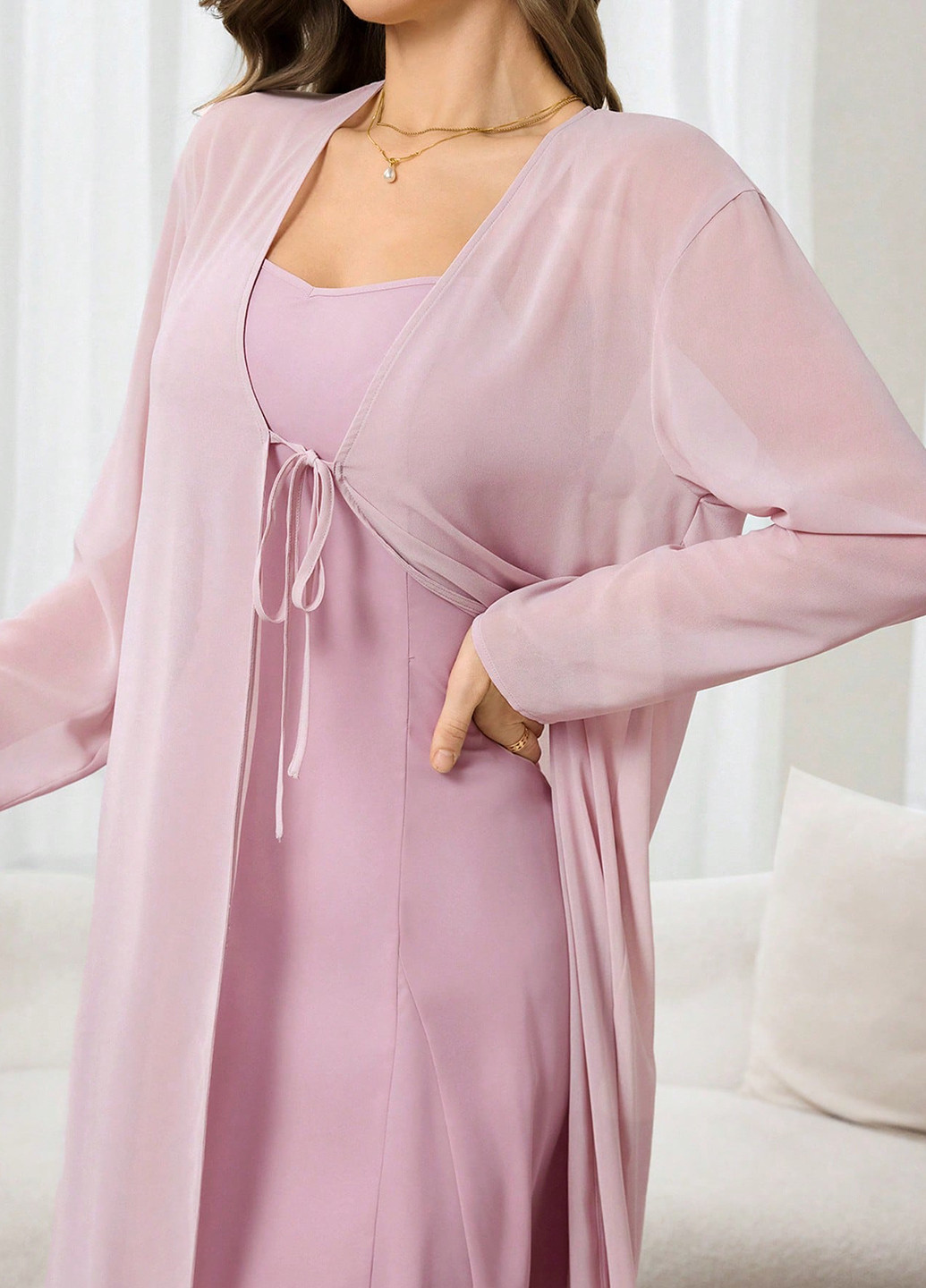 Блідо-рожевий демісезонний комплект (сукня, накидка) SHEIN