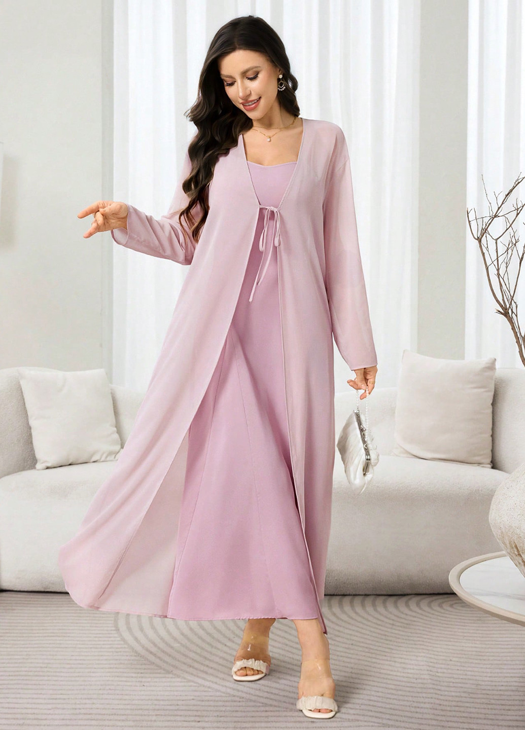 Блідо-рожевий демісезонний комплект (сукня, накидка) SHEIN