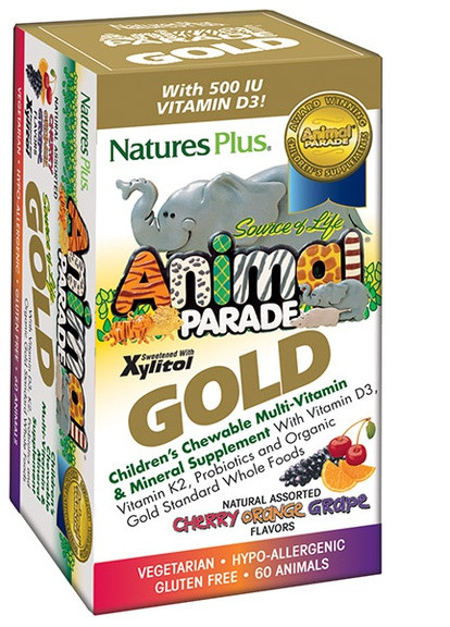 Мультивітаміни для Дітей, Смак Асорті, Animal Parade Gold,, 60 жувальних таблеток Natures Plus (225714533)