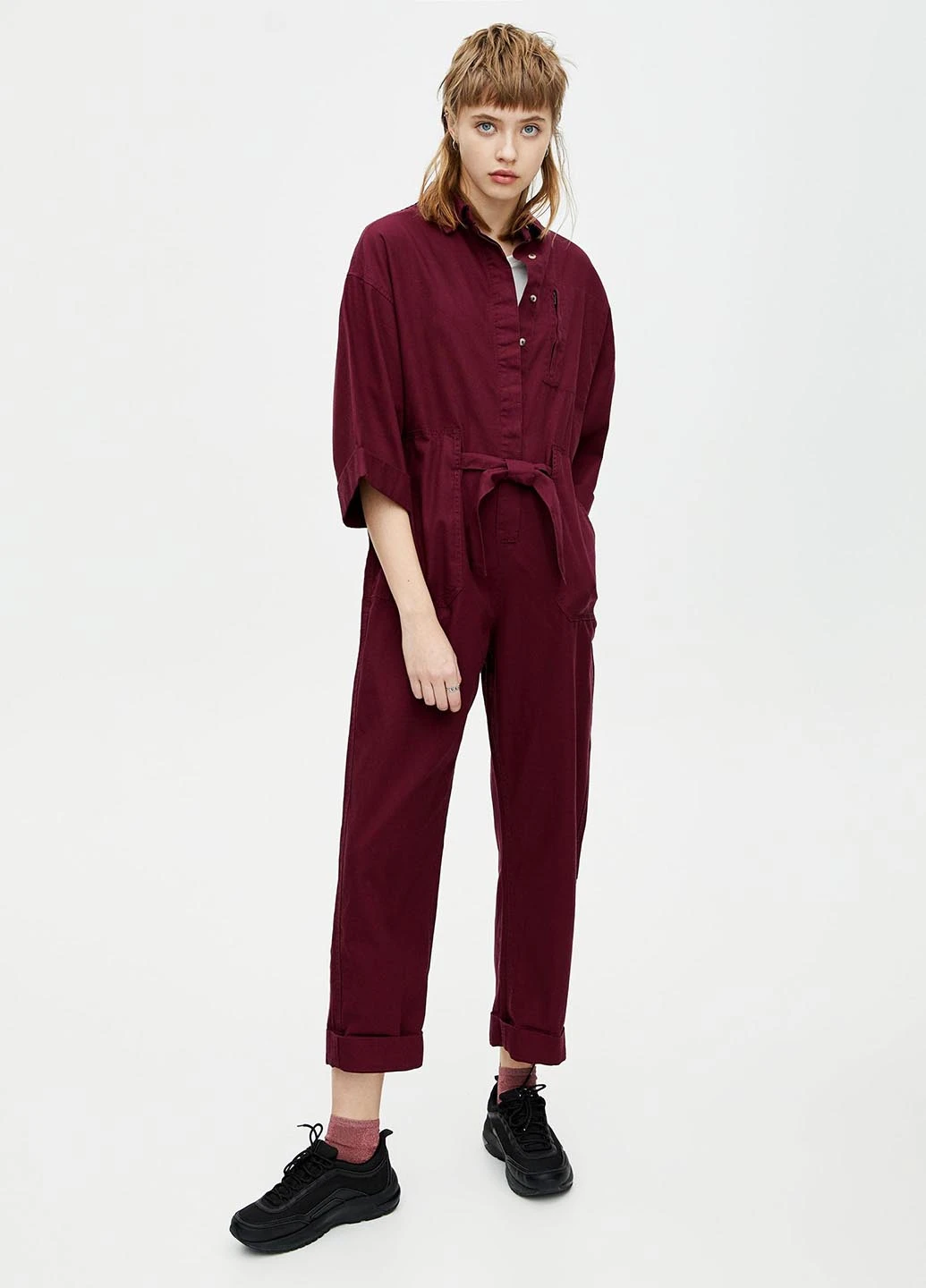 Комбинезон Pull & Bear комбинезон-брюки однотонный бордовый кэжуал хлопок