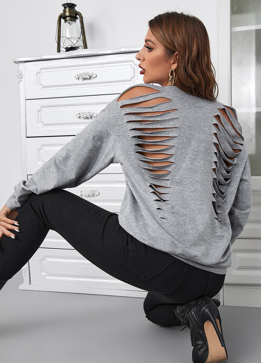 Сірий світшот SHEIN меланж без декору (332811029)