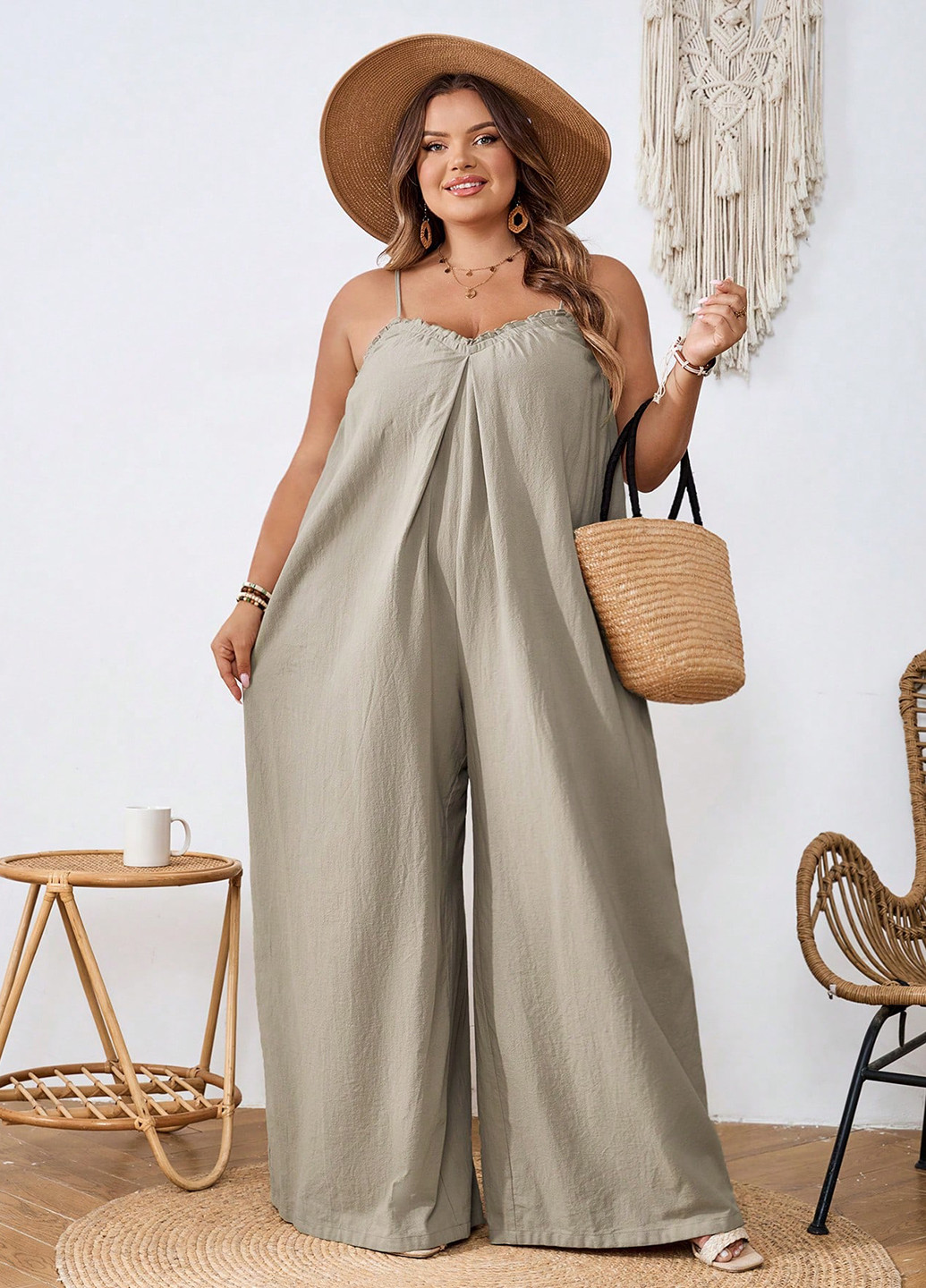 Комбінезон SHEIN комбінезон-брюки однотонний кремовий кежуал бавовна