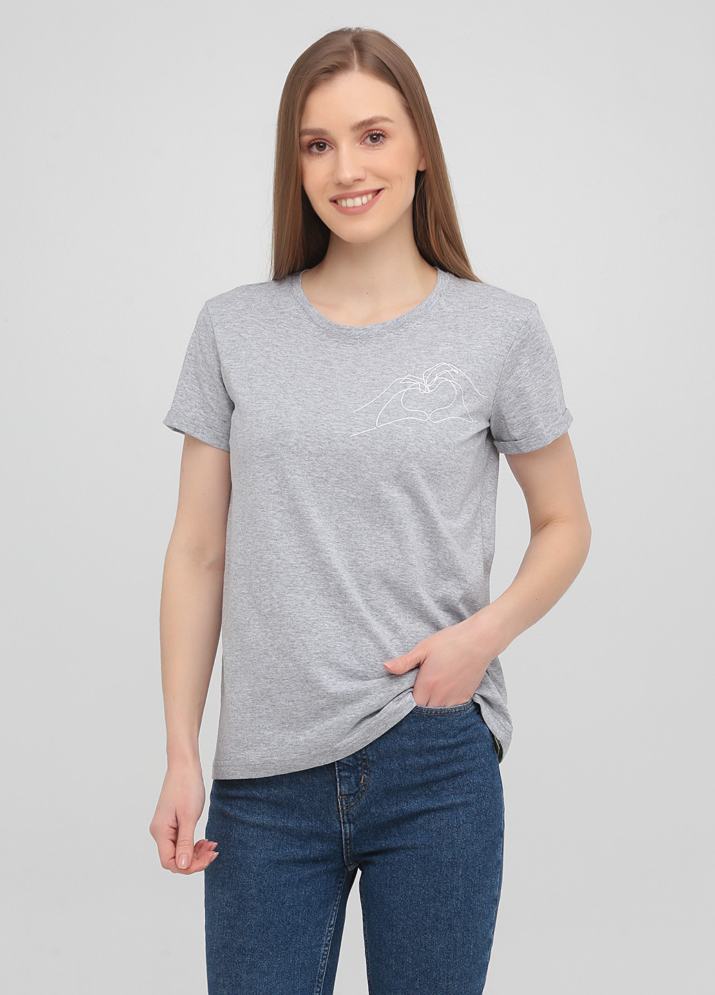 Сіра літня футболка базова з підворотом, руки та серце KASTA design