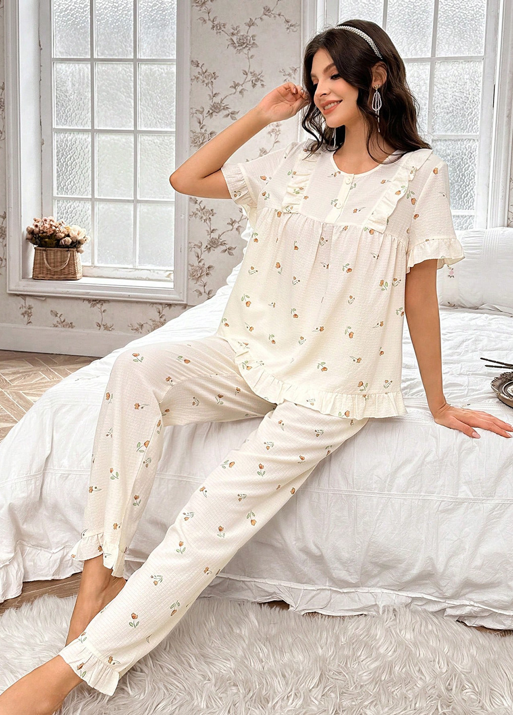 Молочная всесезон пижама (рубашка, брюки) рубашка + брюки SHEIN