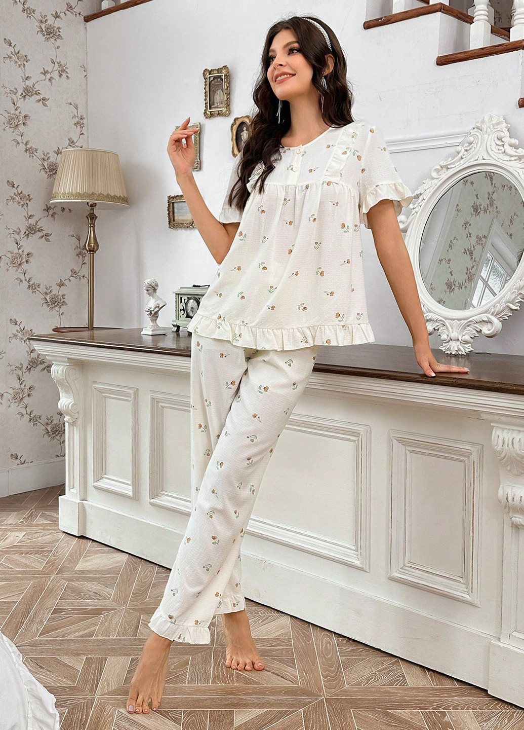 Молочная всесезон пижама (рубашка, брюки) рубашка + брюки SHEIN