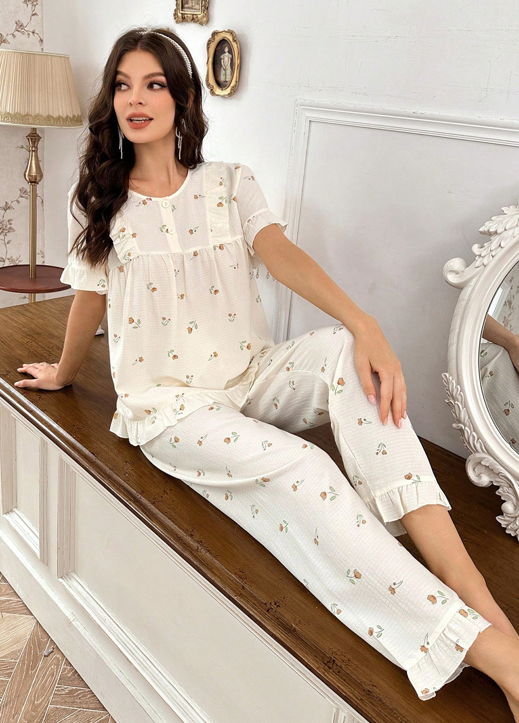 Молочная всесезон пижама (рубашка, брюки) рубашка + брюки SHEIN