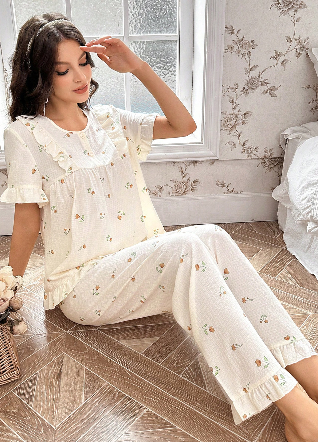 Молочная всесезон пижама (рубашка, брюки) рубашка + брюки SHEIN