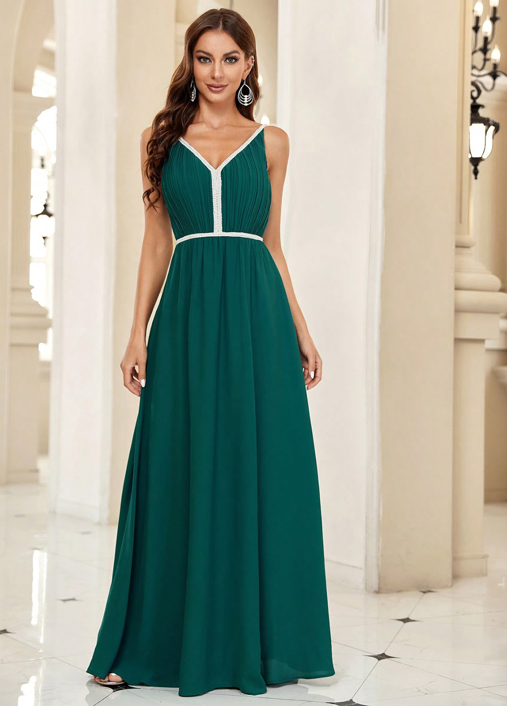 Темно-зеленое вечернее, праздничный платье клеш, с открытой спиной SHEIN однотонное