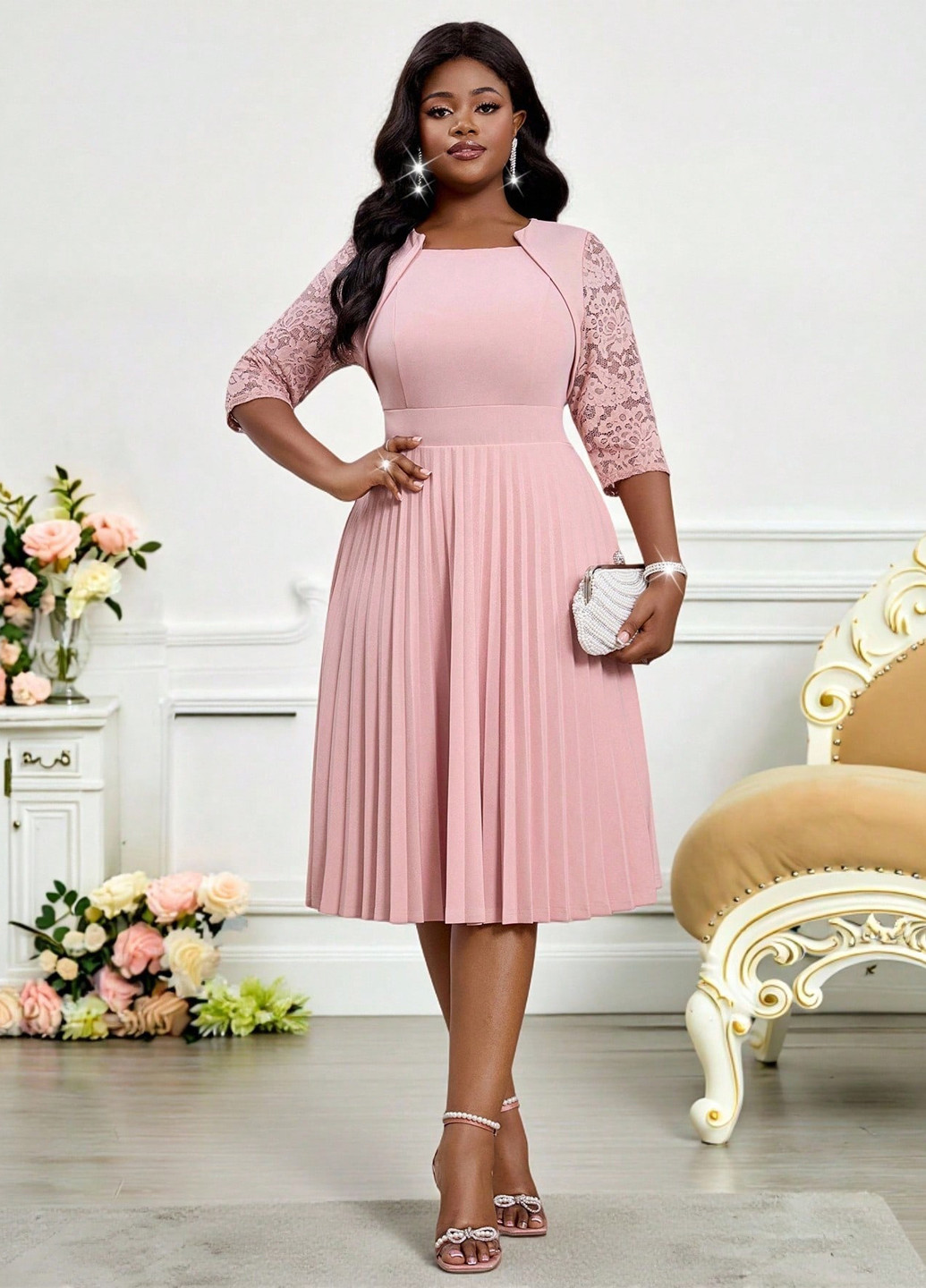 Светло-розовое праздничный, вечернее, кэжуал платье плиссированное SHEIN однотонное