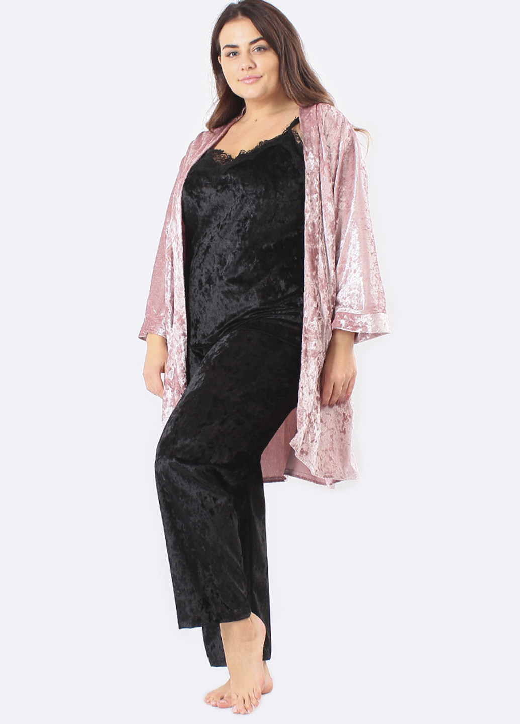 Розовый демисезонный комплект (халат, топ, брюки) Ghazel