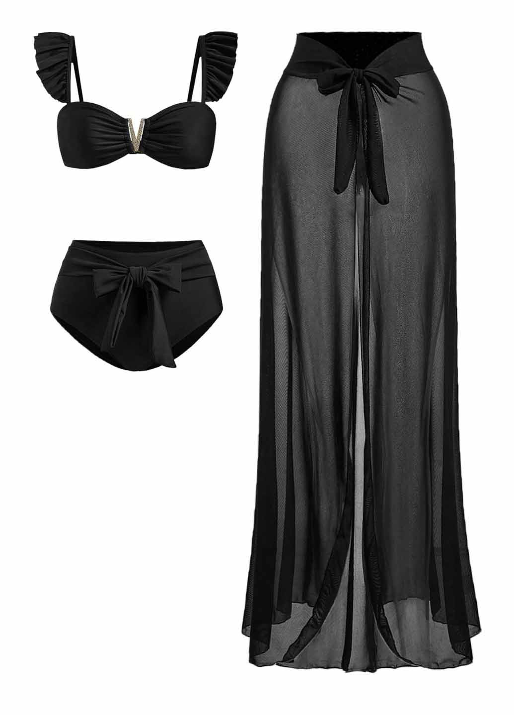 Черный летний купальник (лиф, трусики, юбка) бандо, раздельный SHEIN