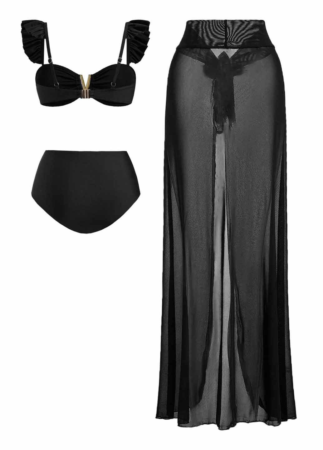 Черный летний купальник (лиф, трусики, юбка) бандо, раздельный SHEIN