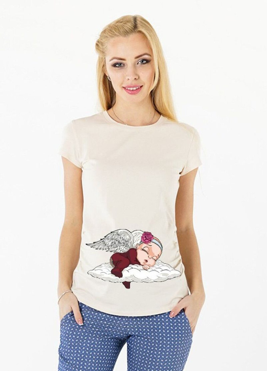 Бежевая летняя бежевая футболка для беременных с нежным принтом девочка ангел на облаке To Be