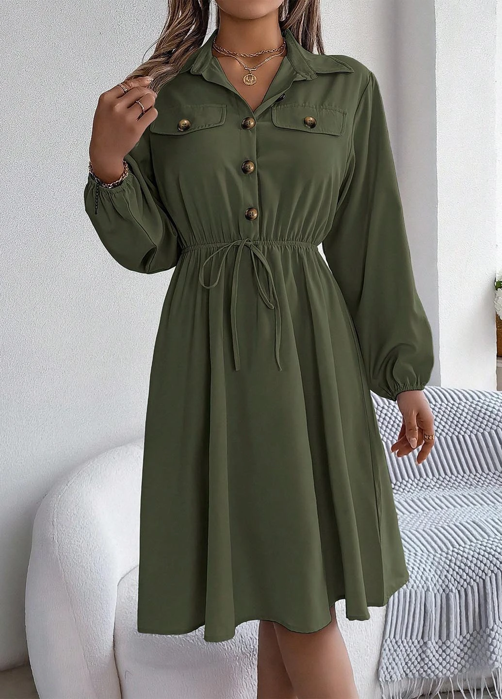 Оливковое (хаки) кэжуал платье клеш SHEIN однотонное