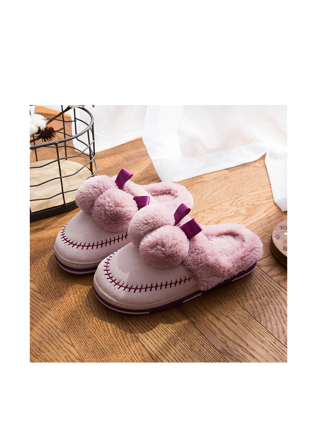 Розово-лиловые тапочки (1 пара) Slippers с помпонами, с мехом