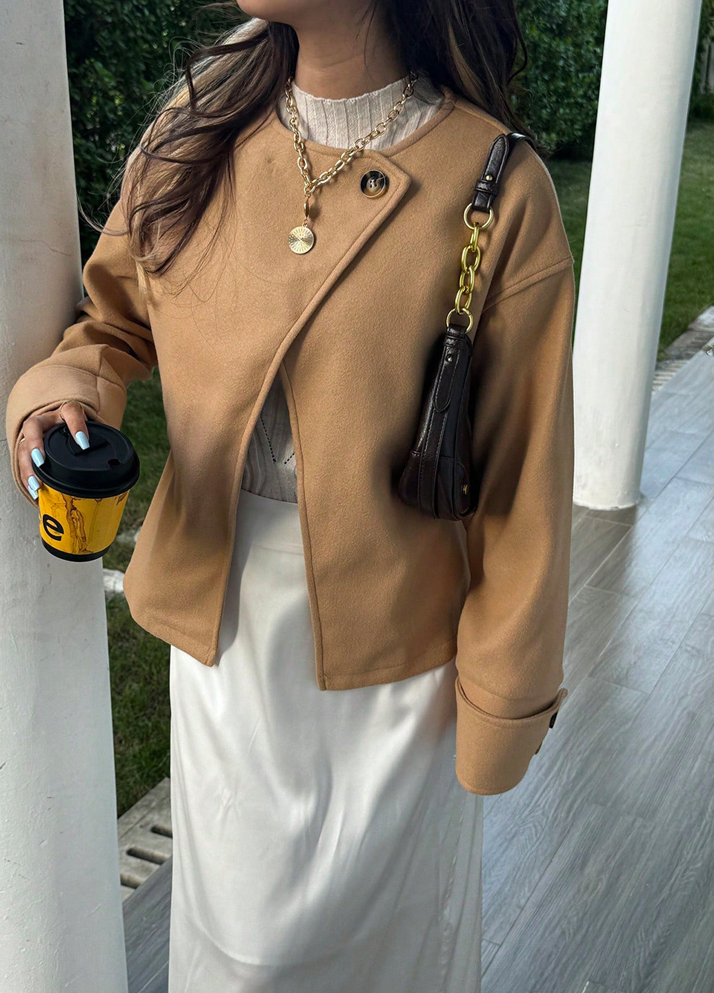 Песочное Кэжуал полупальто однобортное SHEIN однотонное