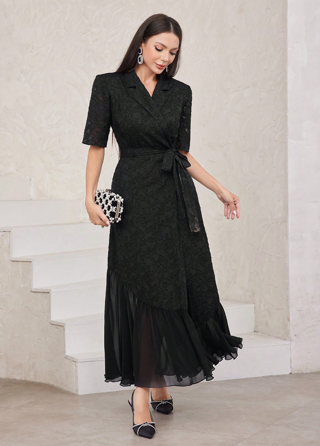 Черное кэжуал платье на запах SHEIN однотонное