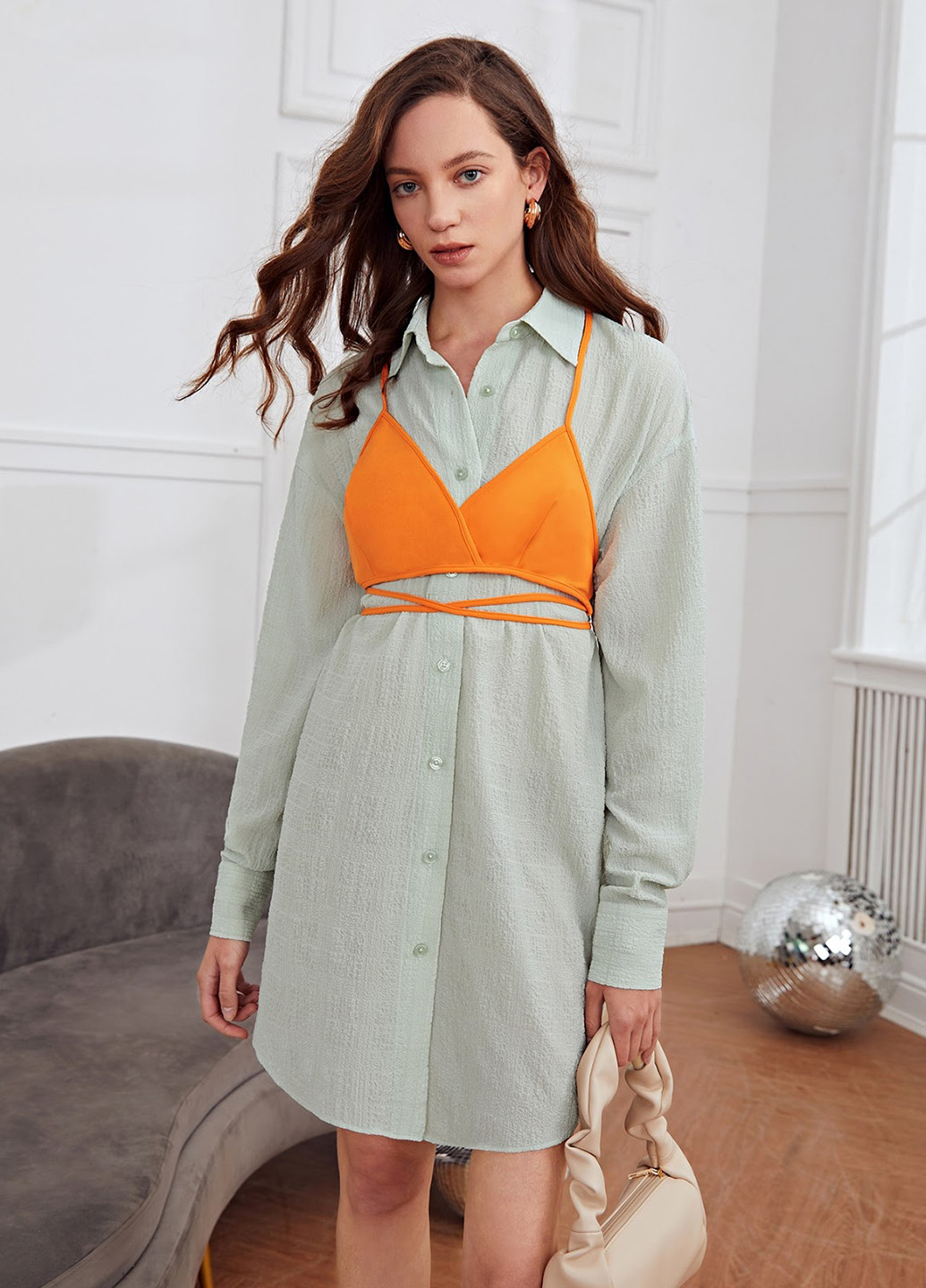 Мятное кэжуал платье рубашка SHEIN однотонное