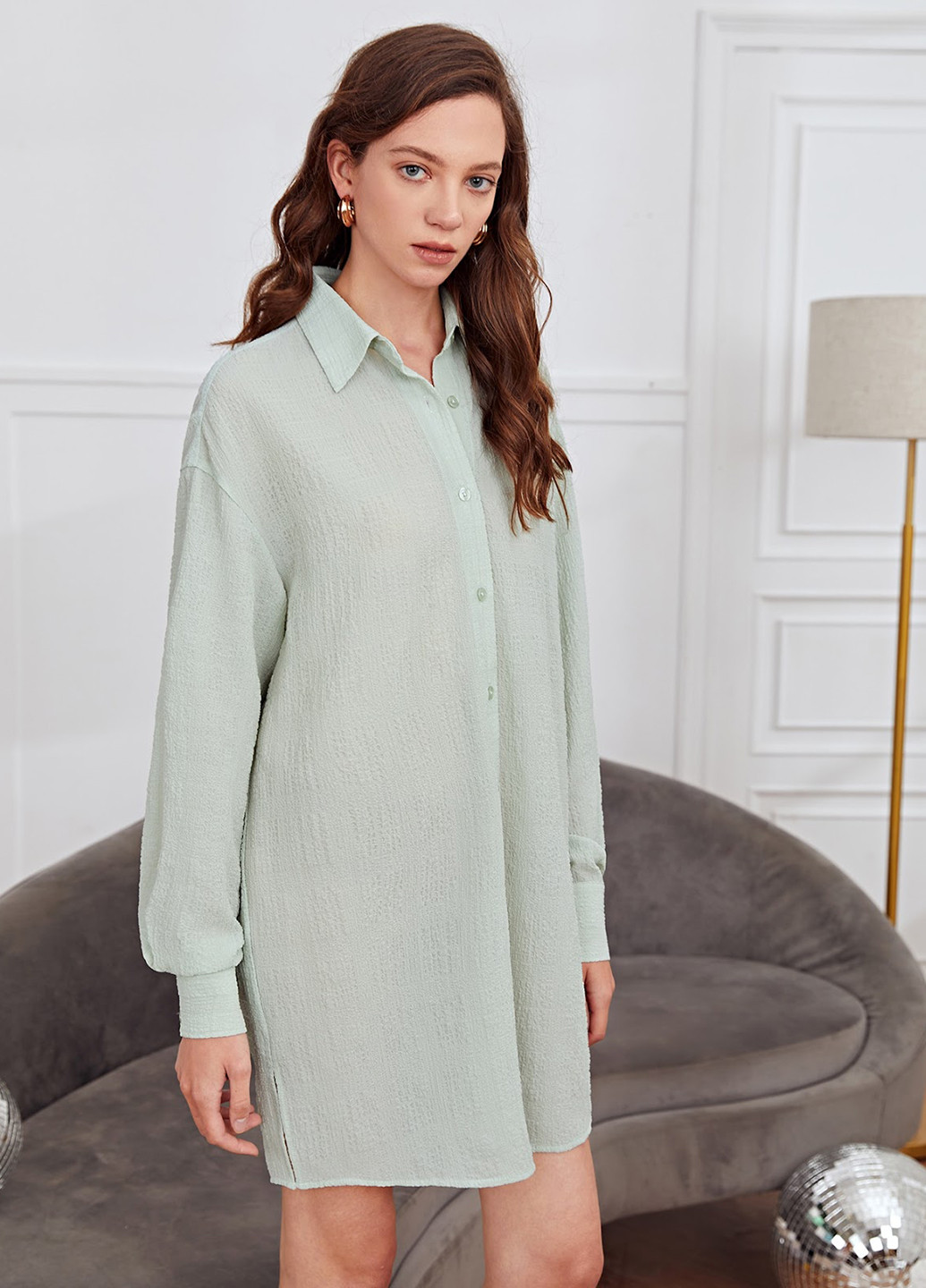 Мятное кэжуал платье рубашка SHEIN однотонное