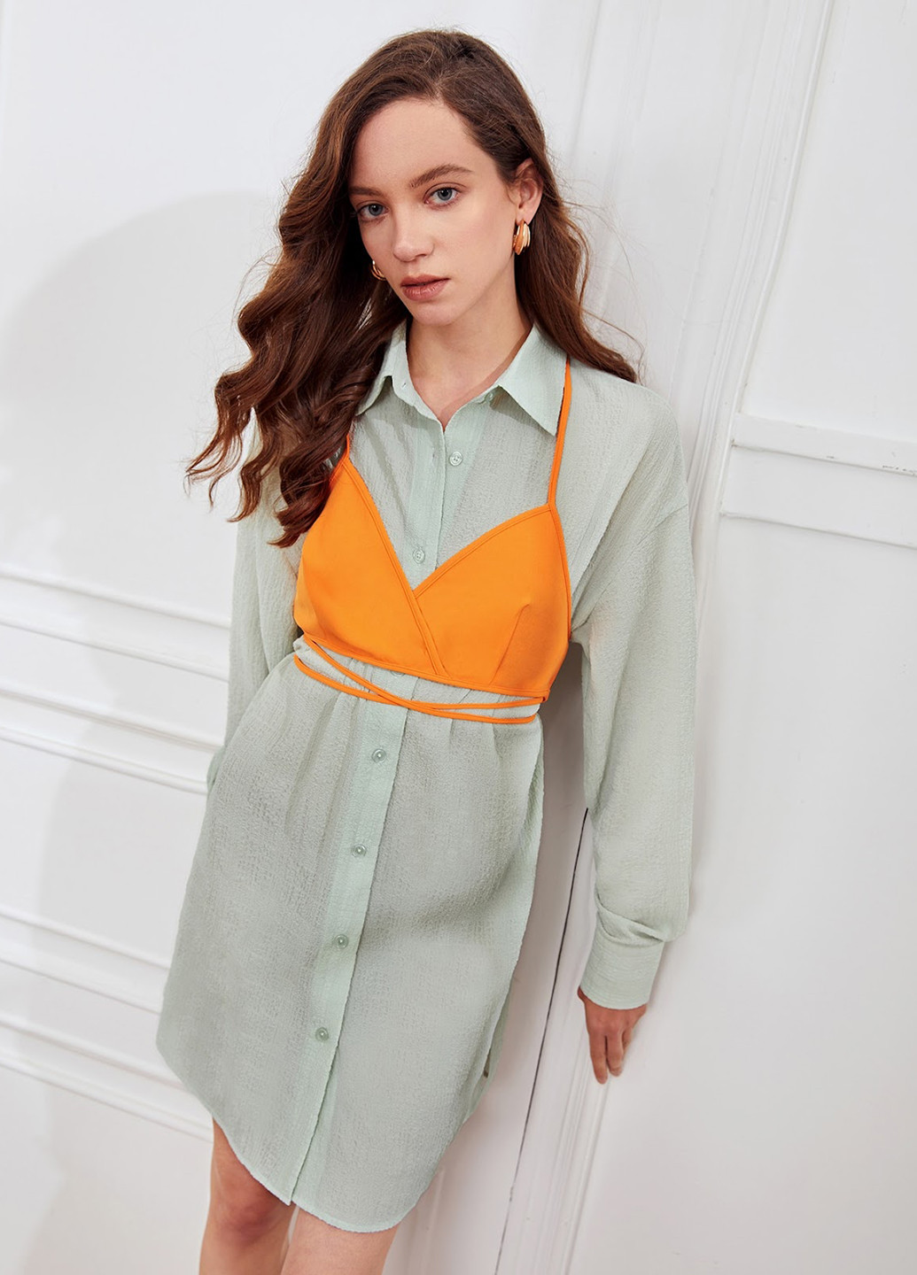 Мятное кэжуал платье рубашка SHEIN однотонное