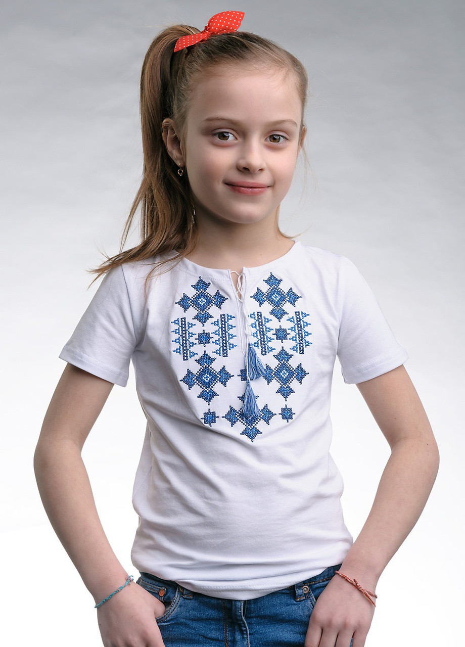 Вишита футболка для дівчинки на короткий рукав Зоряне сяйво синя вишивка Melanika (228040573)