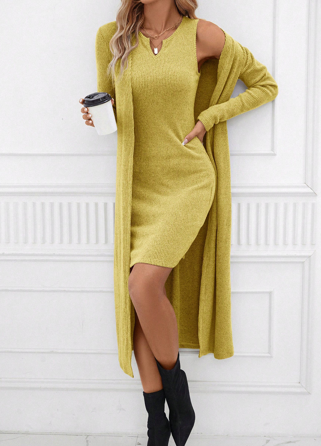 Горчичный демисезонный комплект (платье, кардиган) SHEIN