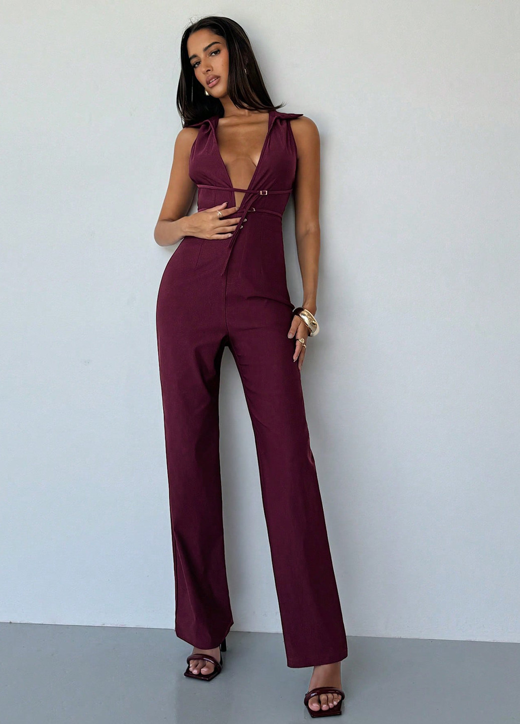 Комбинезон SHEIN комбинезон-брюки однотонный бордовый кэжуал вискоза