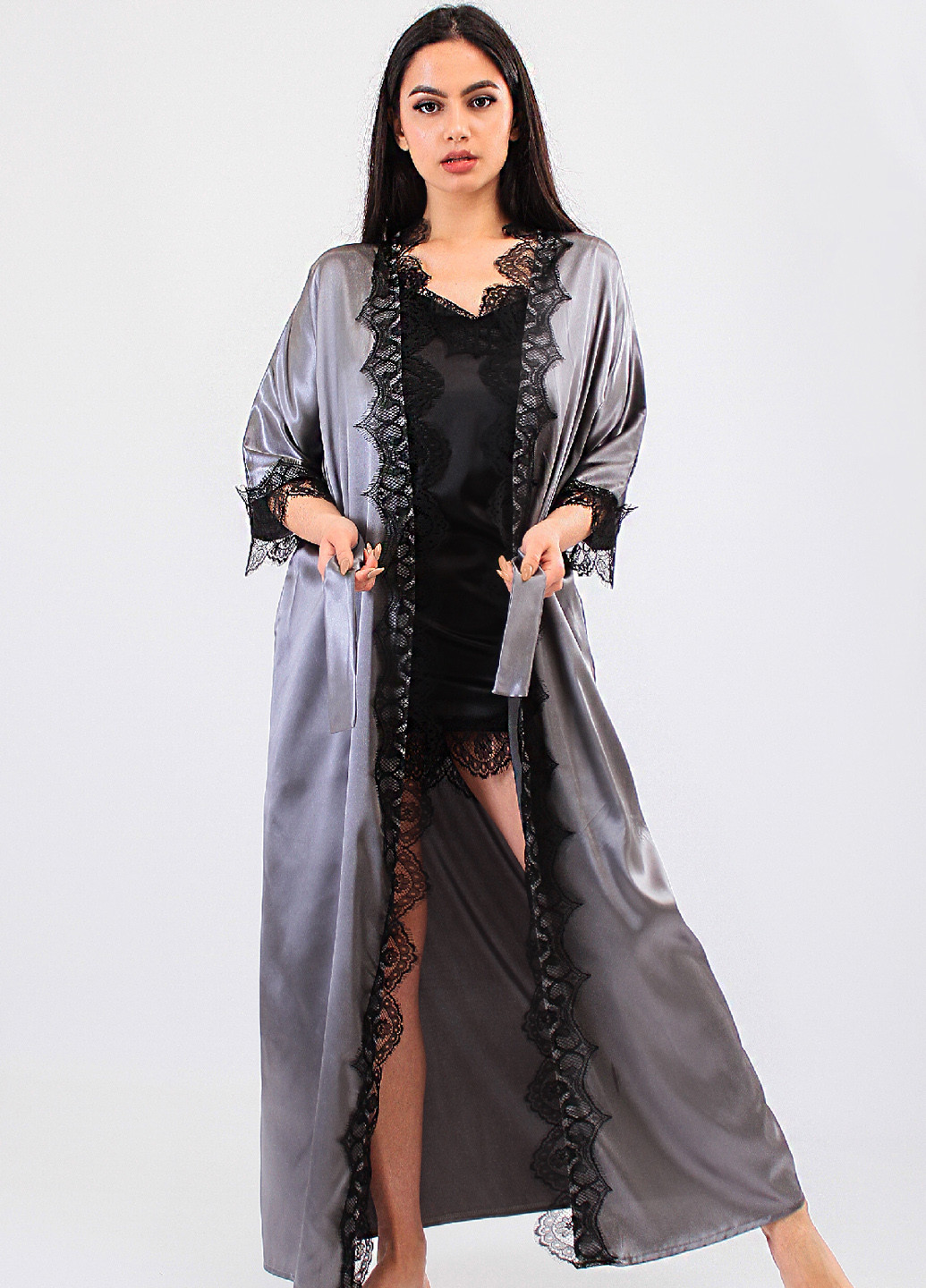 Серый демисезонный комплект (ночная рубашка, халат) Ghazel