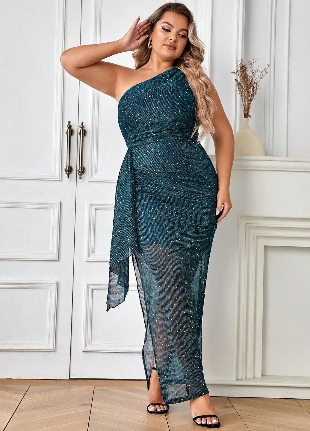 Морской волны вечернее, коктейльное платье на одно плечо SHEIN однотонное