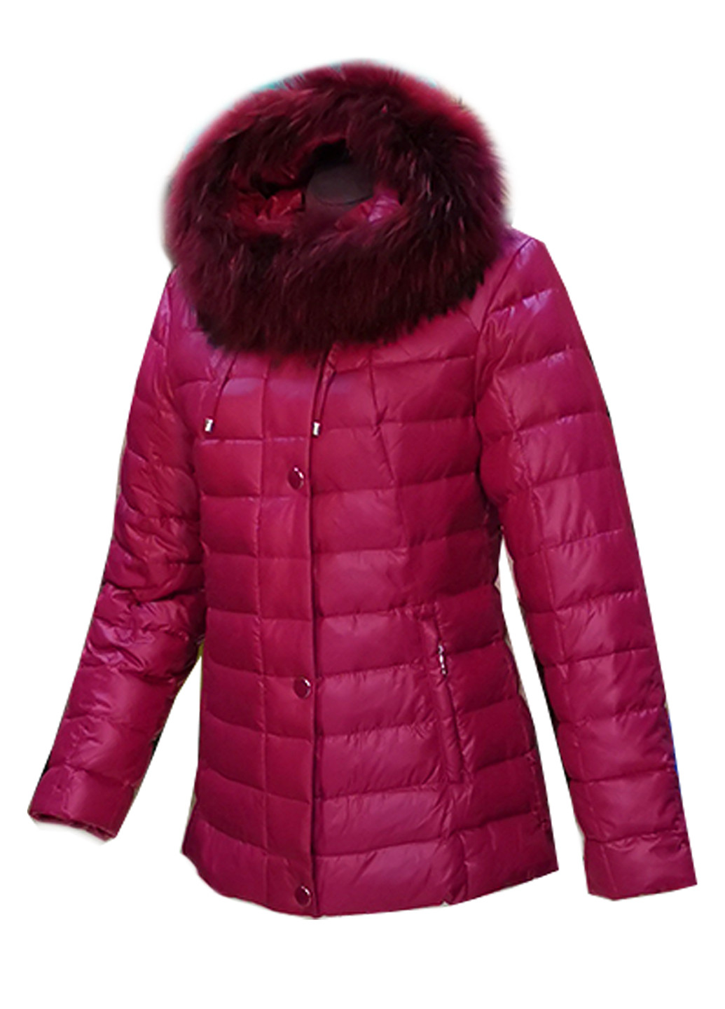 Фуксинова (колору Фукія) зимня куртка пуховик на натуральному пуху з капюшоном з натуральним хутром Mirage