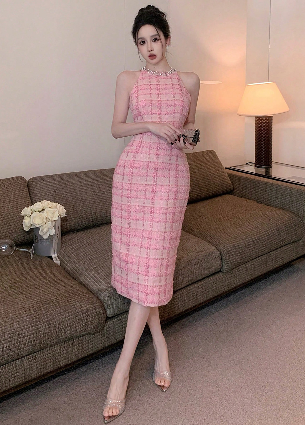 Розовое коктейльное, кэжуал платье футляр SHEIN в клетку