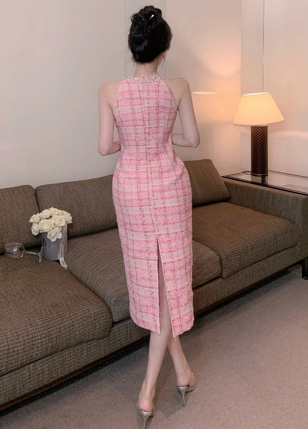 Розовое коктейльное, кэжуал платье футляр SHEIN в клетку