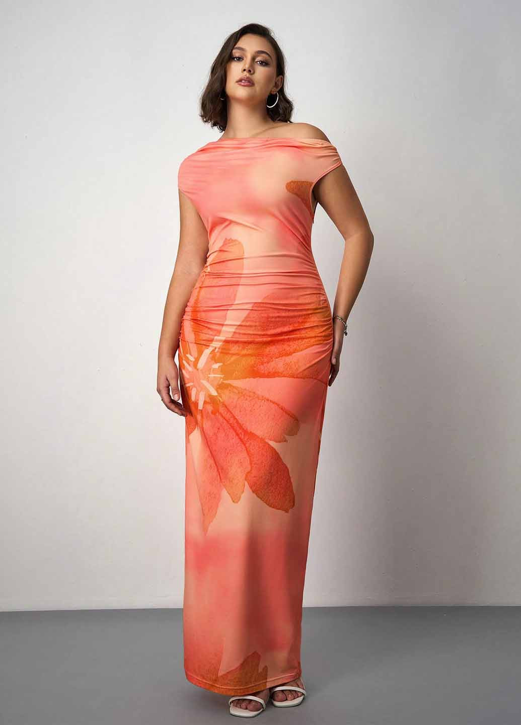 Оранжевое кэжуал платье SHEIN с цветочным принтом