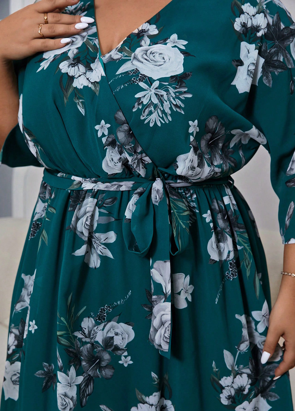 Темно-бирюзовое кэжуал платье клеш SHEIN с цветочным принтом